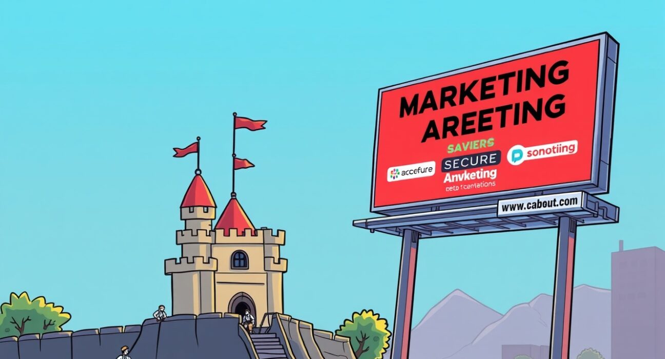 A cartoon showing a small, strong crypto security fortress overshadowed by a large marketing billboard, emphasizing overlooked security.