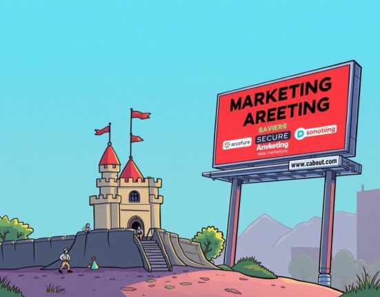 A cartoon showing a small, strong crypto security fortress overshadowed by a large marketing billboard, emphasizing overlooked security.