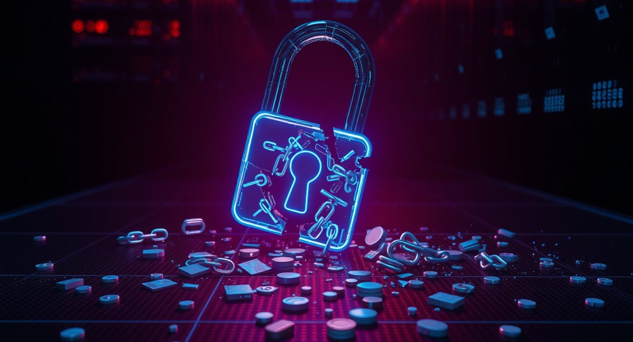 Crypto security losses visualization showing shattered blockchain lock representing over $600M in DeFi hacks this month