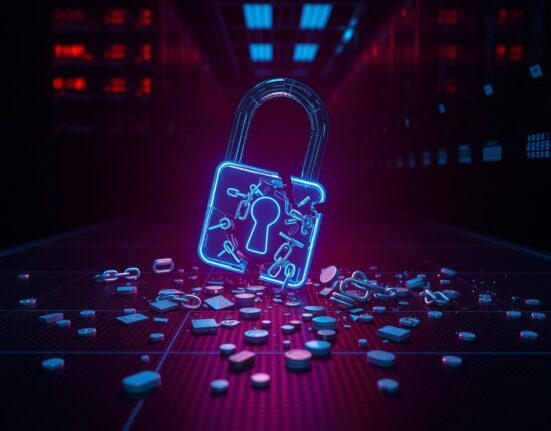 Crypto security losses visualization showing shattered blockchain lock representing over $600M in DeFi hacks this month