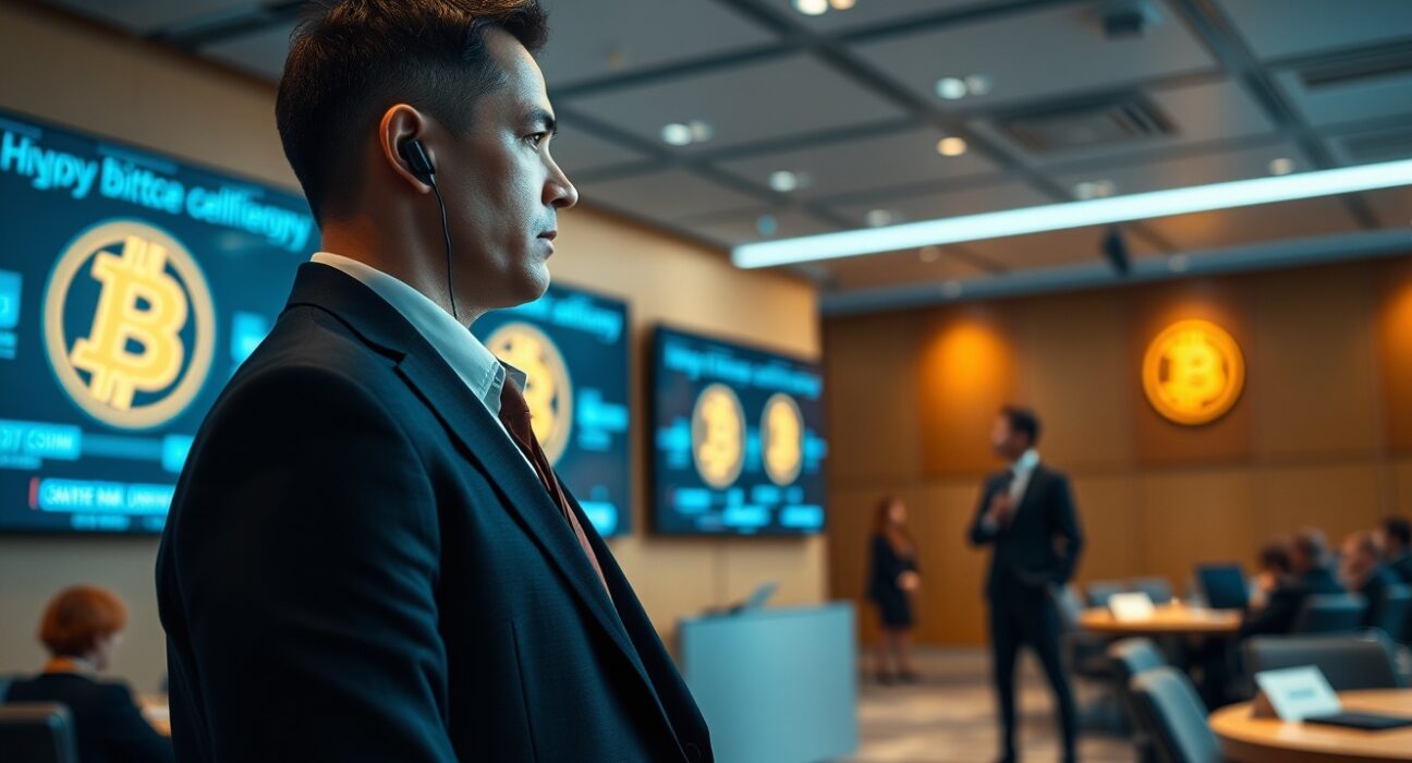 Security professional at a cryptocurrency conference protecting executives
