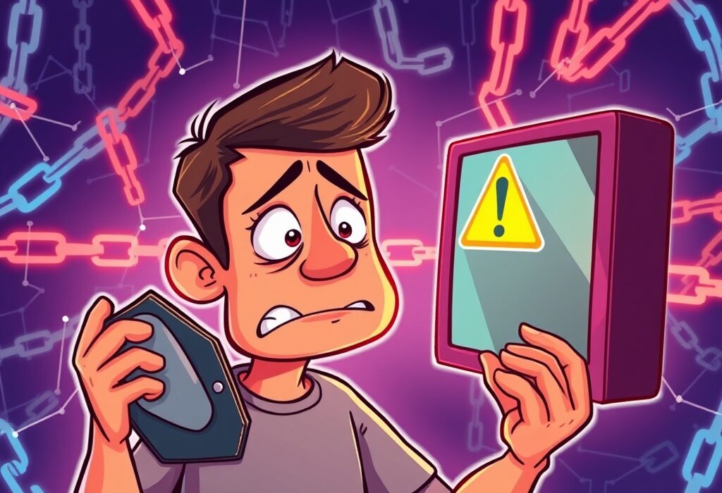 A cartoon character expresses concern over a digital screen displaying a crypto security warning after a supply chain attack, emphasizing transaction caution.