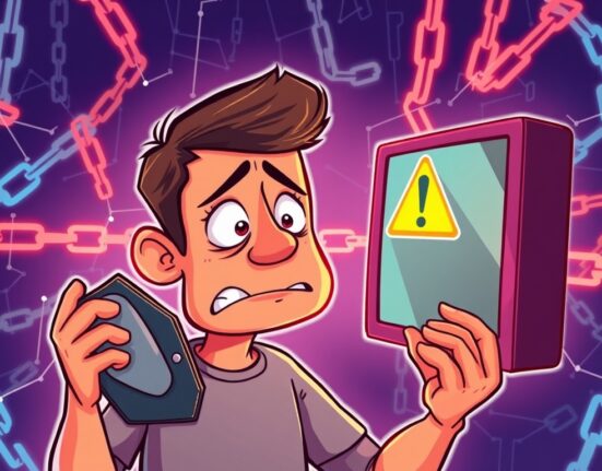A cartoon character expresses concern over a digital screen displaying a crypto security warning after a supply chain attack, emphasizing transaction caution.