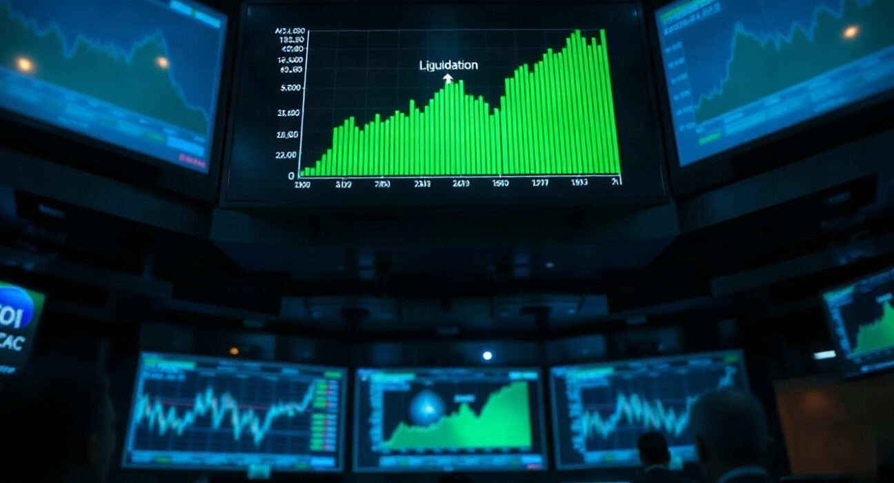 Trading screen showing a sharp price rally and record liquidations on a crypto exchange floor