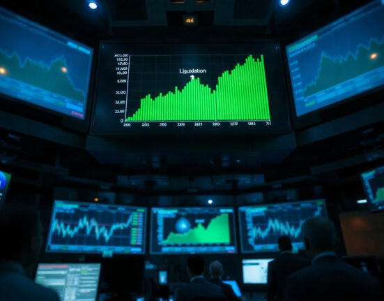 Trading screen showing a sharp price rally and record liquidations on a crypto exchange floor