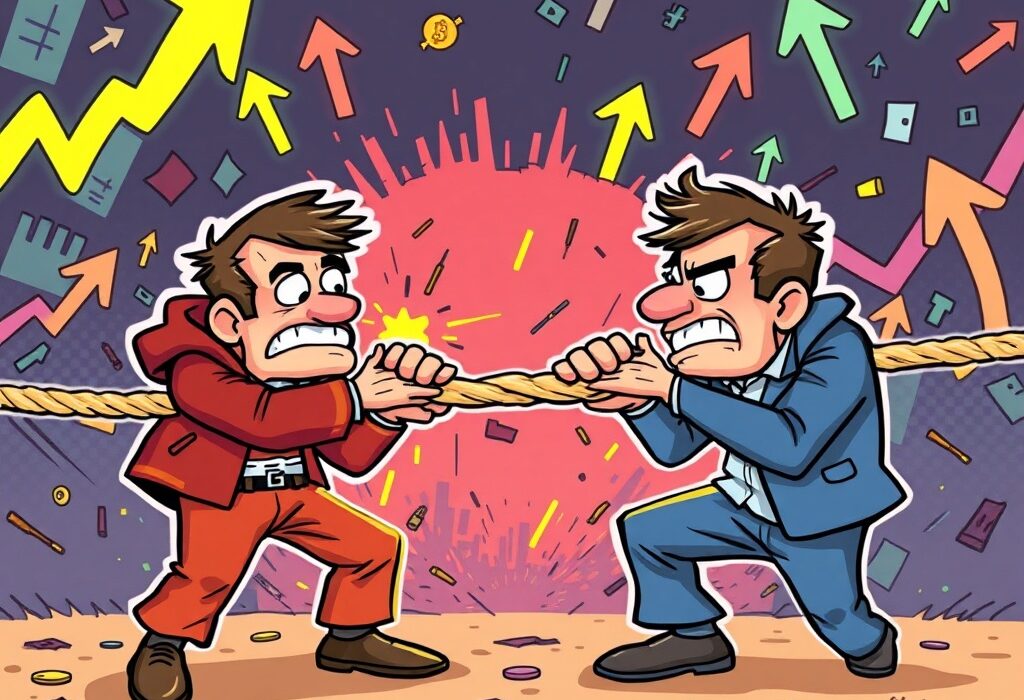 Cartoon illustration of a tug-of-war between long and short traders, symbolizing the increasing crypto short squeeze risk in the market.