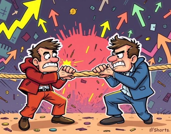 Cartoon illustration of a tug-of-war between long and short traders, symbolizing the increasing crypto short squeeze risk in the market.