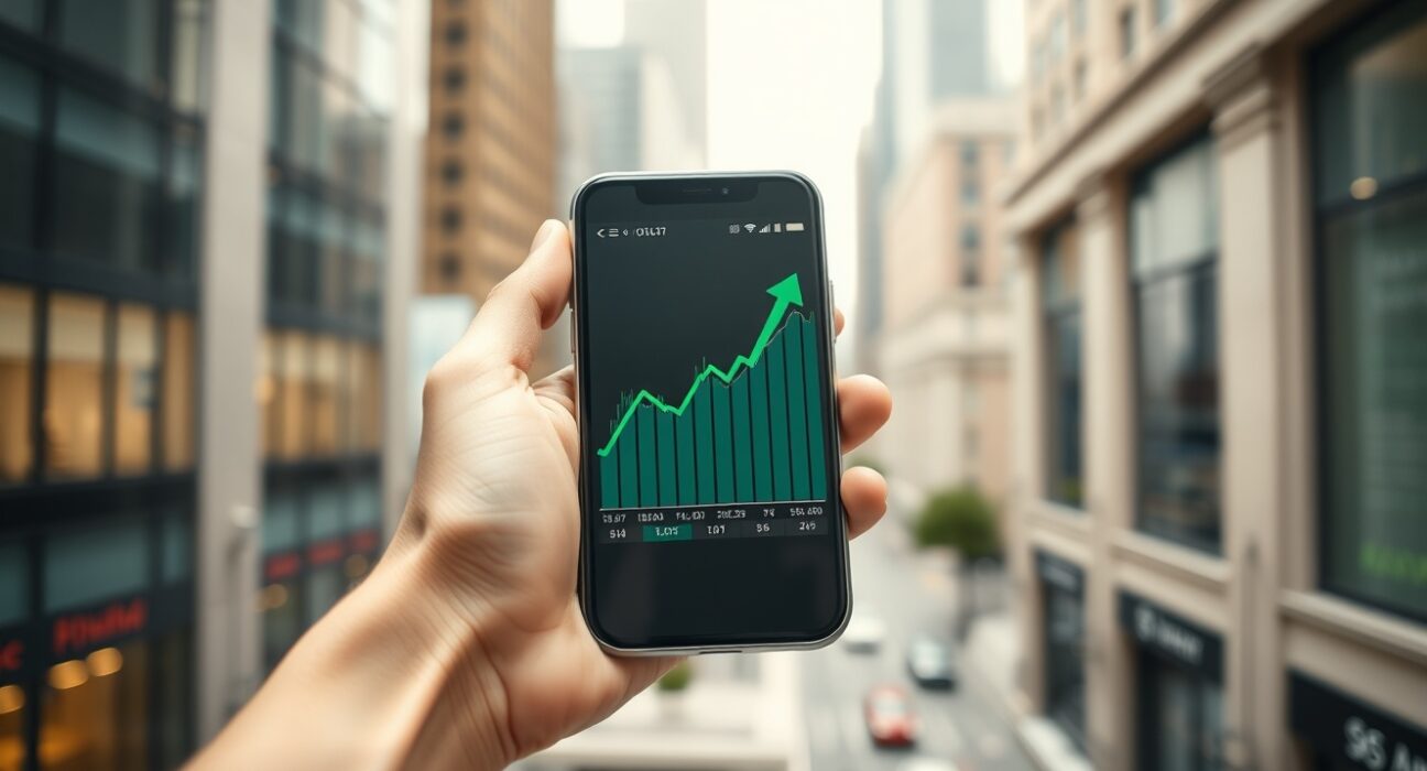 Hand holding smartphone with crypto price chart showing green upward trend