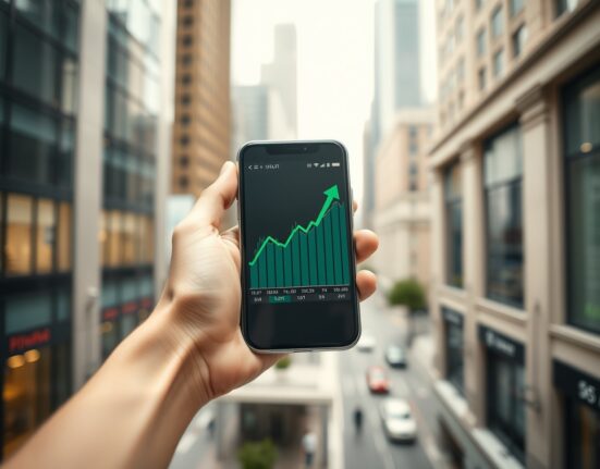 Hand holding smartphone with crypto price chart showing green upward trend