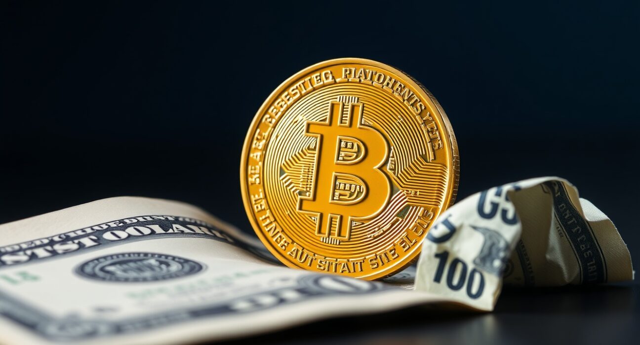 Bitcoin coin next to a crumpled U.S. dollar bill on a dark background, representing crypto market resilience against a stronger dollar.