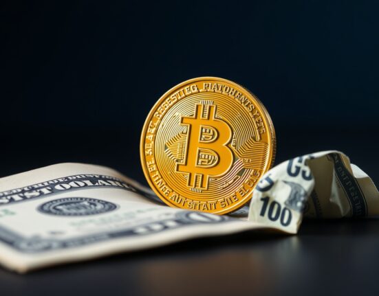 Bitcoin coin next to a crumpled U.S. dollar bill on a dark background, representing crypto market resilience against a stronger dollar.