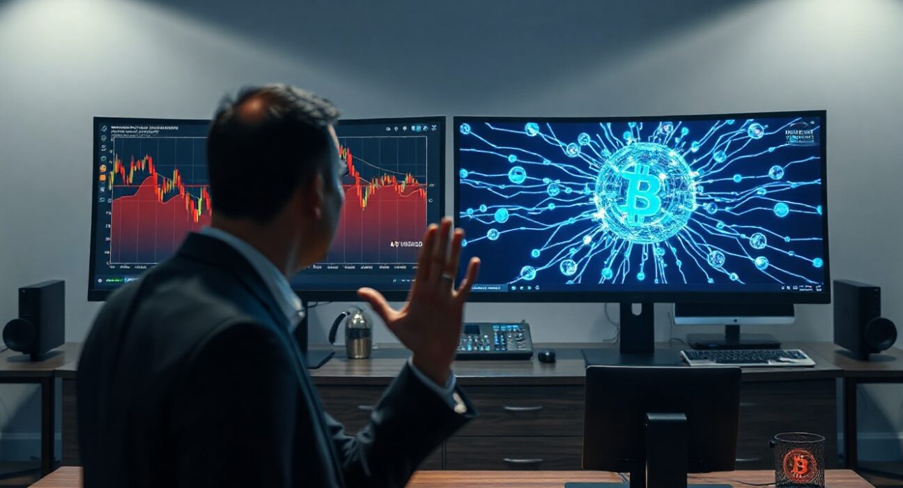 Bitcoin chart declining alongside AI neural network visualization on dual monitors