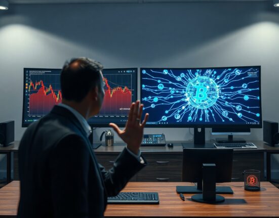 Bitcoin chart declining alongside AI neural network visualization on dual monitors