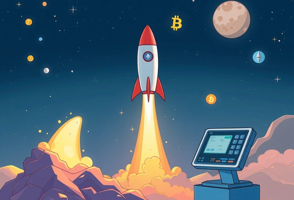 A cartoon illustration of a rocket launching into space, symbolizing the future of crypto for space trips and innovative payment methods.