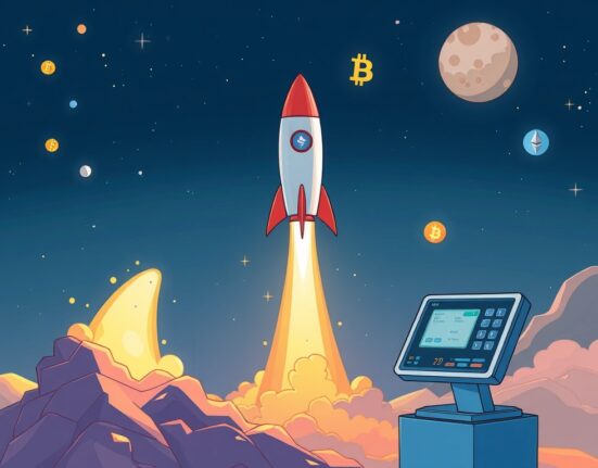 A cartoon illustration of a rocket launching into space, symbolizing the future of crypto for space trips and innovative payment methods.