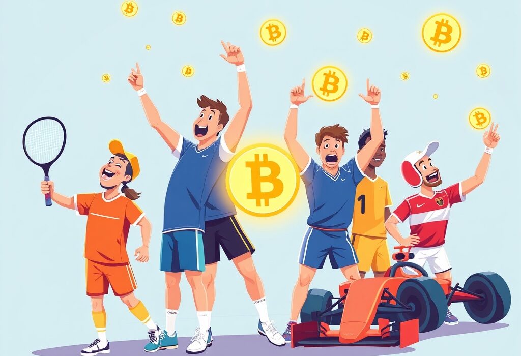 A cartoon illustration showing the widespread impact of crypto sports sponsorships across various athletic events, symbolizing growth and mainstream integration.