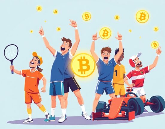 A cartoon illustration showing the widespread impact of crypto sports sponsorships across various athletic events, symbolizing growth and mainstream integration.