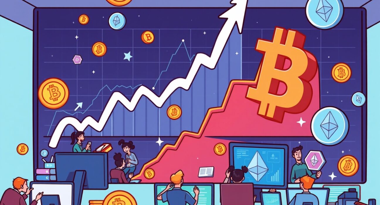 A cartoon illustration showing crypto spot trading volume charts soaring upwards, symbolizing the remarkable Q3 market recovery.