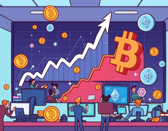 A cartoon illustration showing crypto spot trading volume charts soaring upwards, symbolizing the remarkable Q3 market recovery.