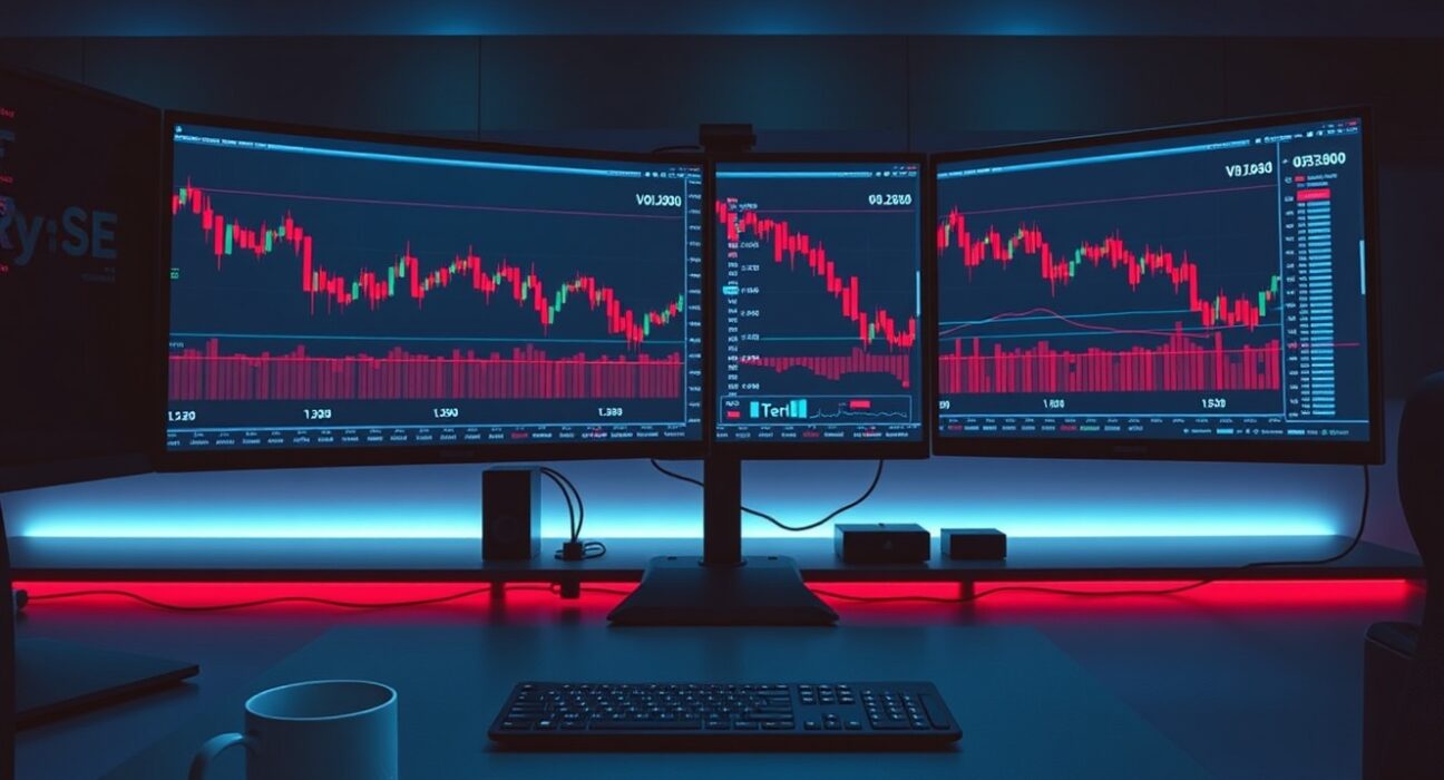 Financial trading desk with monitors showing declining crypto volume charts