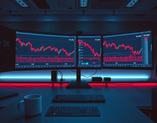 Financial trading desk with monitors showing declining crypto volume charts