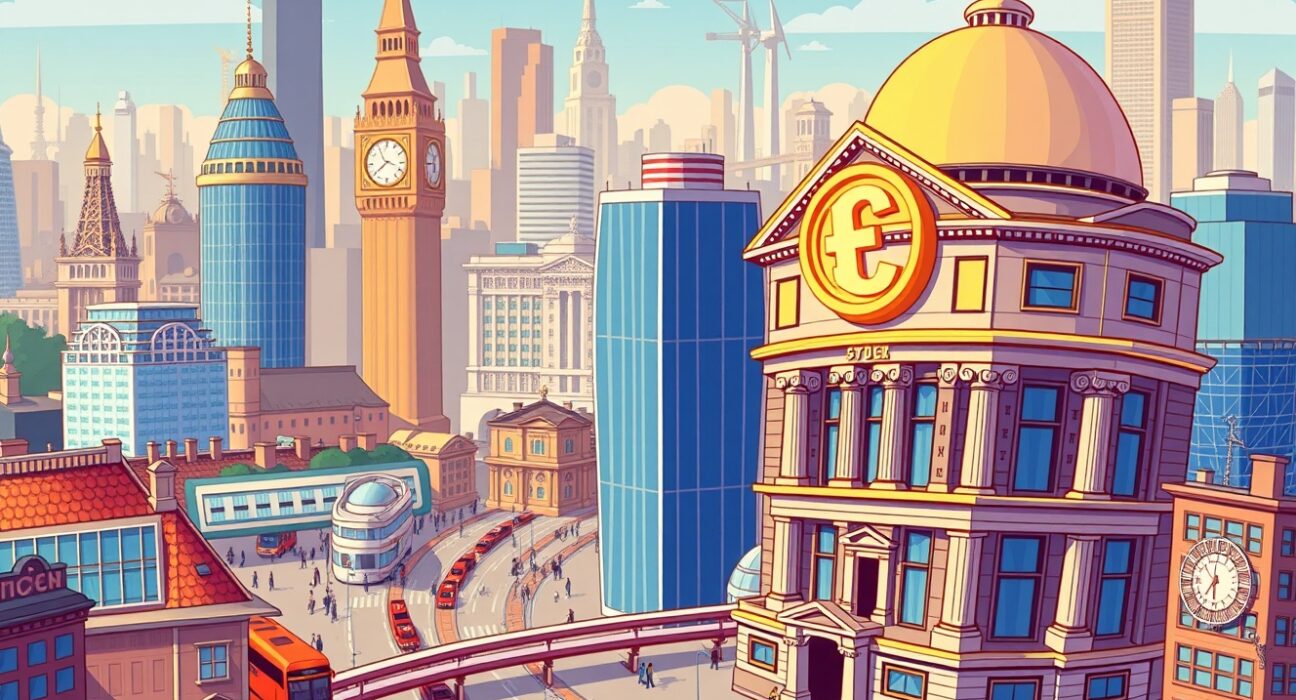 A cartoon illustration showing a crypto staking firm integrating with the London Stock Exchange, symbolizing innovation in UK finance.