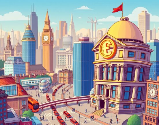 A cartoon illustration showing a crypto staking firm integrating with the London Stock Exchange, symbolizing innovation in UK finance.