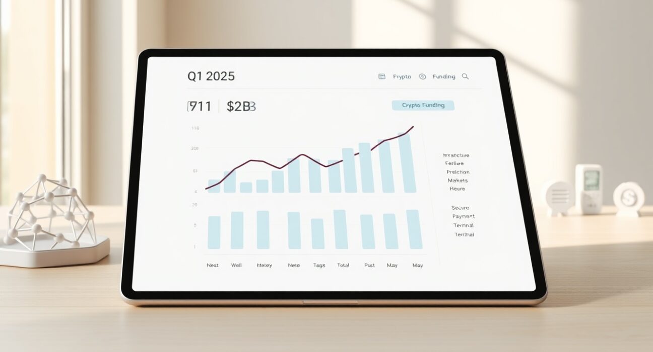 Data dashboard showing Q1 2025 crypto startup funding totals and sector breakdown from DeFiLlama report.