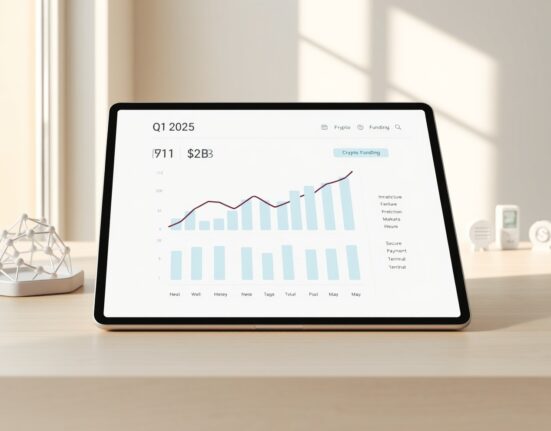 Data dashboard showing Q1 2025 crypto startup funding totals and sector breakdown from DeFiLlama report.