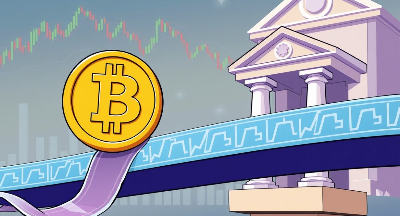 Cartoon showing a strong link between a crypto coin and stock market ticker, illustrating the strengthening crypto stock correlation.