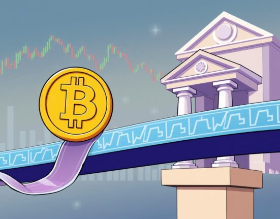 Cartoon showing a strong link between a crypto coin and stock market ticker, illustrating the strengthening crypto stock correlation.