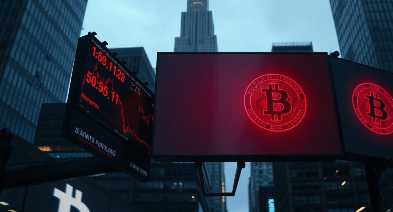 A cautious mood in financial markets as cryptocurrency and stock charts display mixed signals.