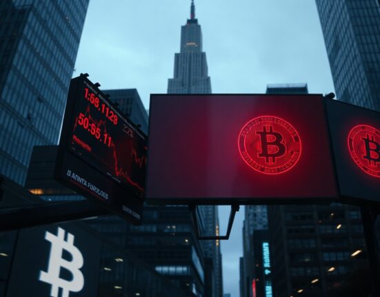 A cautious mood in financial markets as cryptocurrency and stock charts display mixed signals.