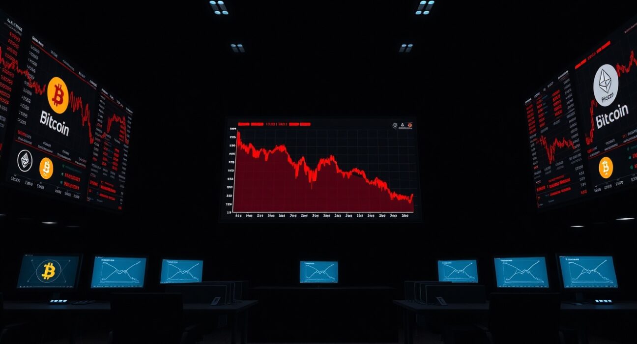 Stock market trading screens showing declining cryptocurrency stock charts in a dimly lit trading floor