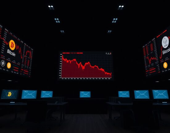 Stock market trading screens showing declining cryptocurrency stock charts in a dimly lit trading floor