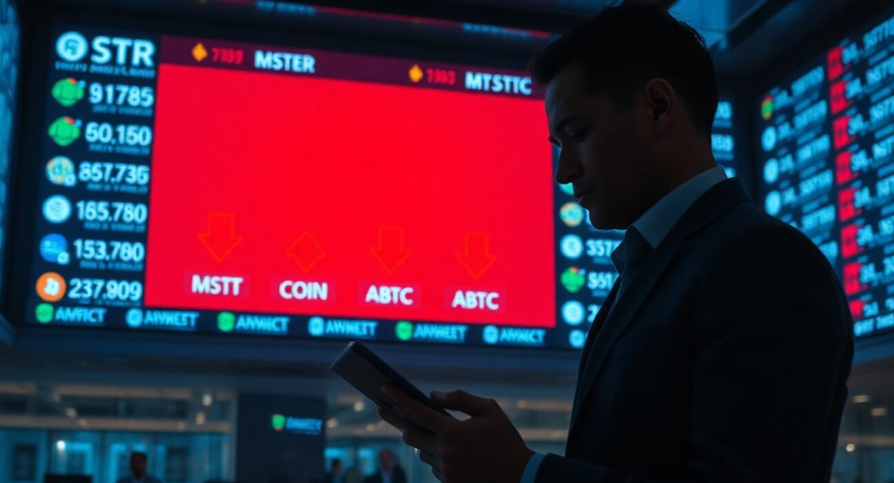 Stock exchange display showing falling prices for crypto-related companies like Strategy and Coinbase.