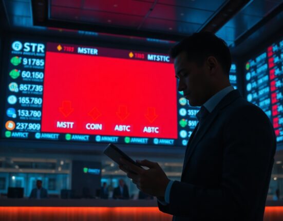 Stock exchange display showing falling prices for crypto-related companies like Strategy and Coinbase.