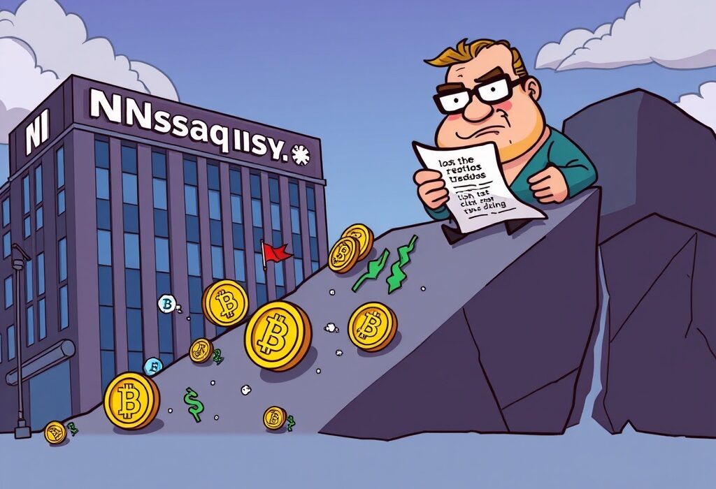 Cartoon showing crypto stocks falling as Nasdaq rules are enforced, illustrating market reaction to new regulations.