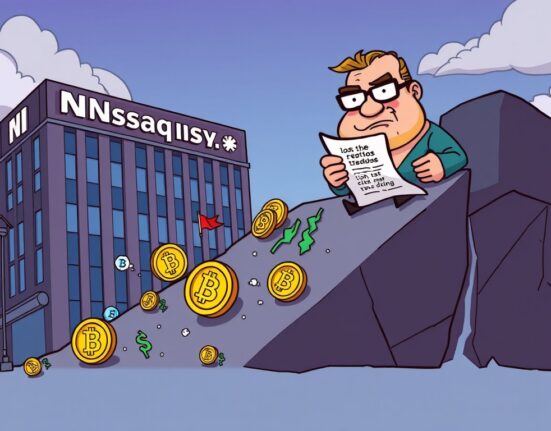 Cartoon showing crypto stocks falling as Nasdaq rules are enforced, illustrating market reaction to new regulations.