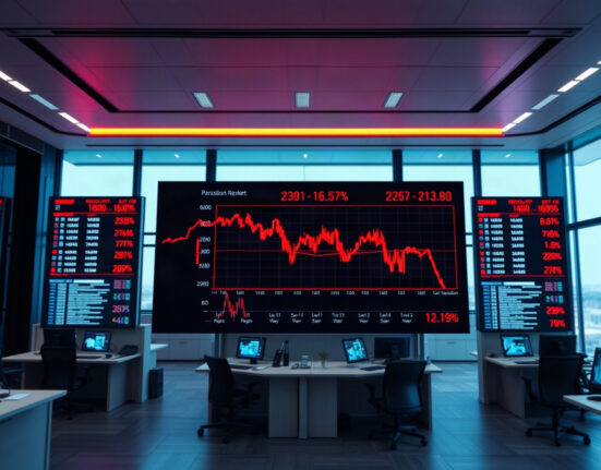 Trading floor display showing red declines in crypto-related stocks at market open.