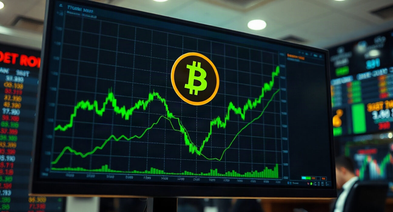 Digital stock market display showing upward trends and Bitcoin symbol in a trading office