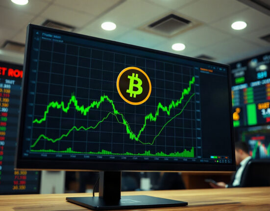Digital stock market display showing upward trends and Bitcoin symbol in a trading office