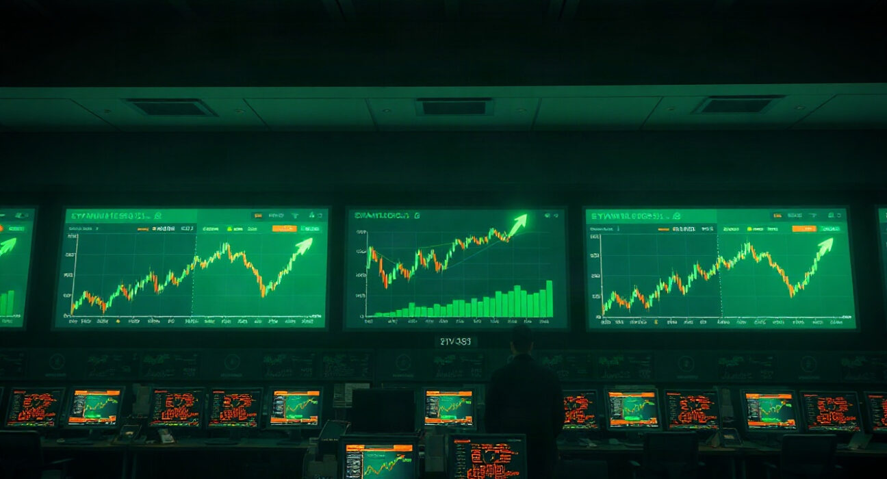 Trading floor screens showing upward crypto stock charts