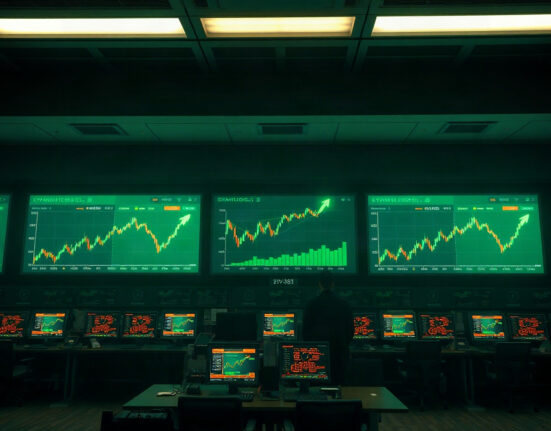 Trading floor screens showing upward crypto stock charts