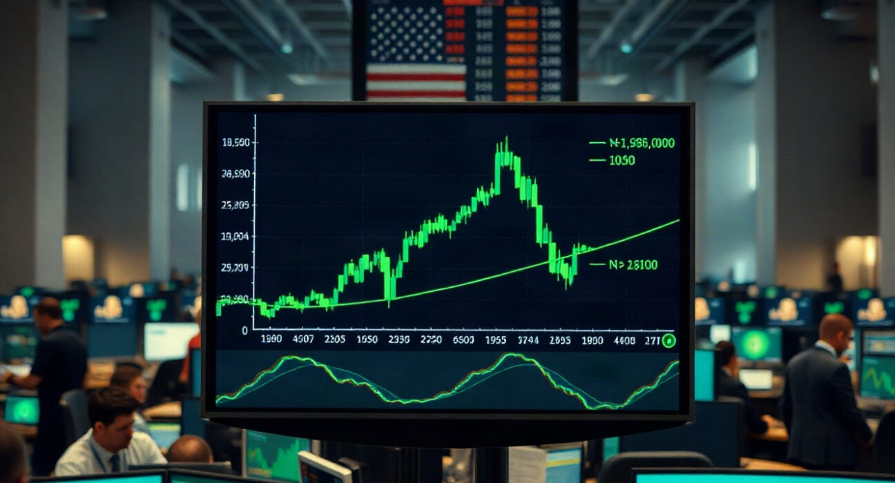 Stock exchange screen showing Bitcoin price surge with green candlesticks
