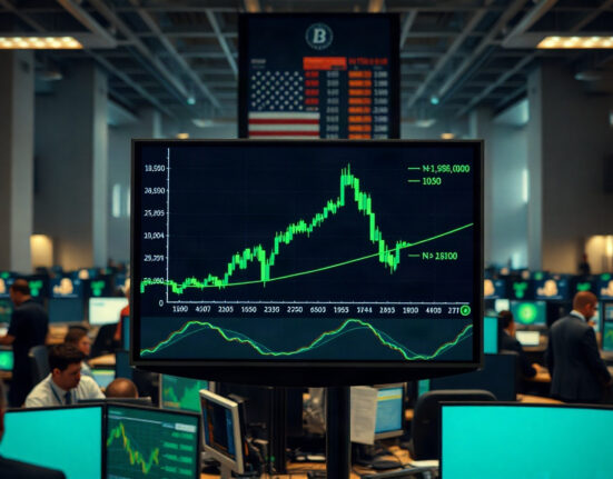 Stock exchange screen showing Bitcoin price surge with green candlesticks