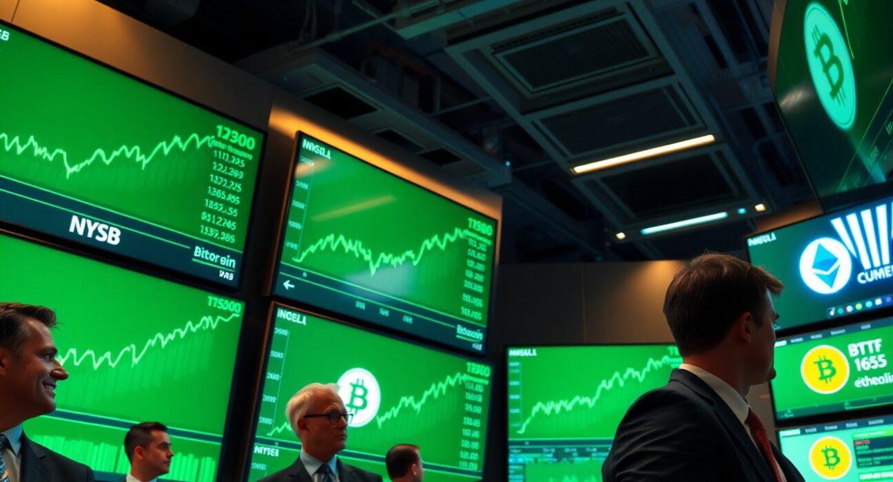 Stock exchange trading floor with green cryptocurrency price charts on digital screens