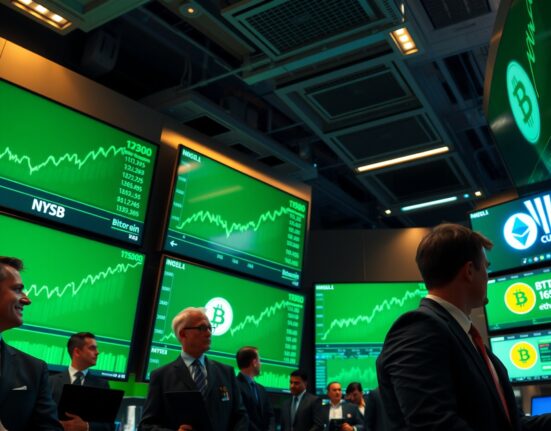 Stock exchange trading floor with green cryptocurrency price charts on digital screens