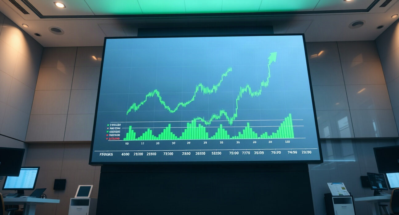 Digital stock market display showing upward trends on a trading floor