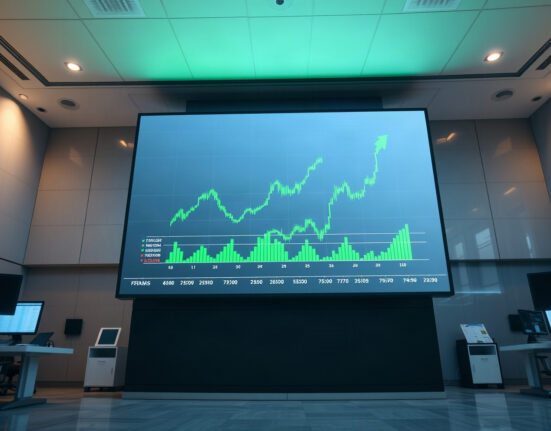 Digital stock market display showing upward trends on a trading floor